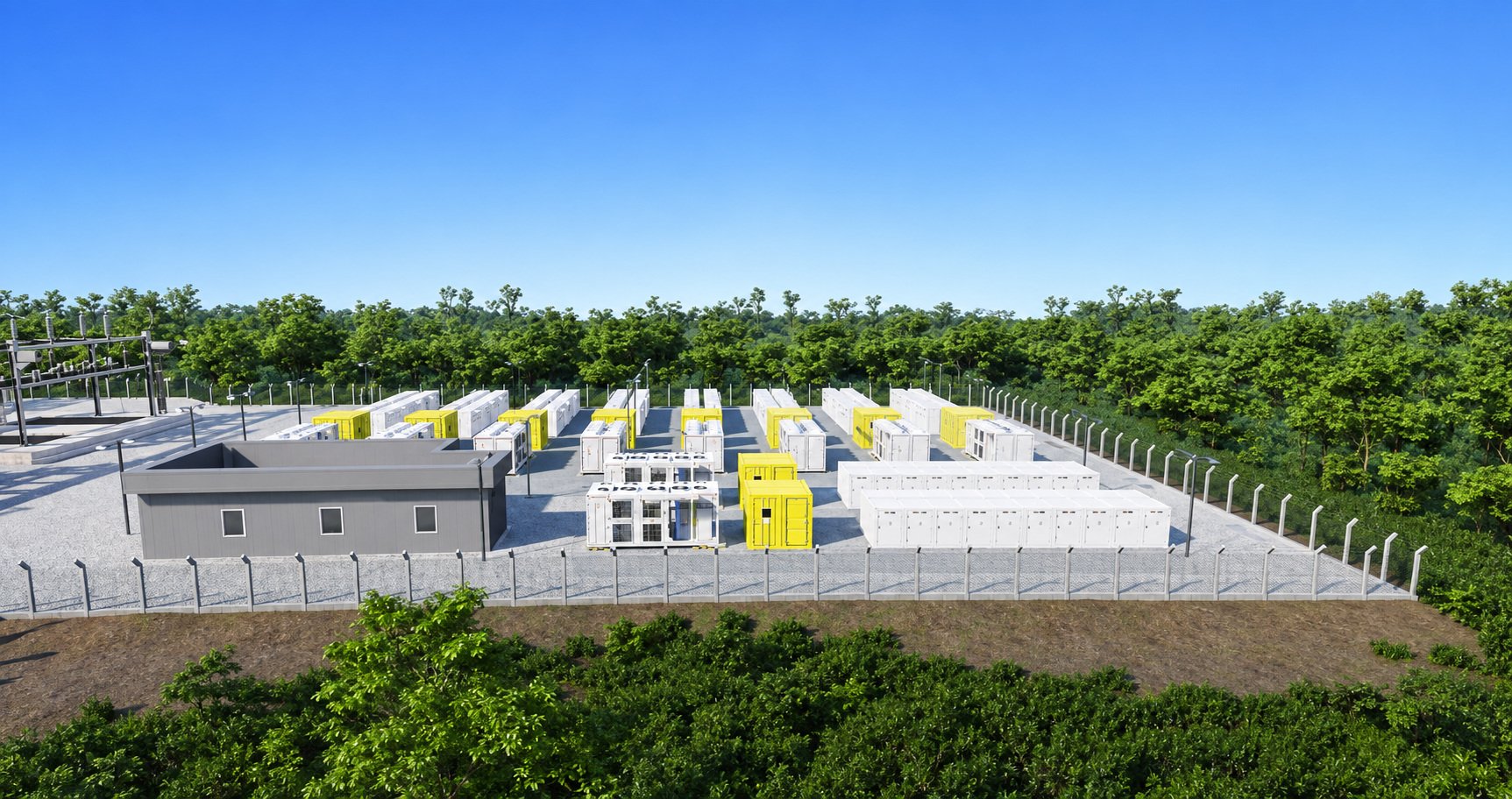 AI enhanced architectural visualization of the Japanese battery storage reference, showing white battery cabinets, yellow equipment, a service building and perimeter fencing.